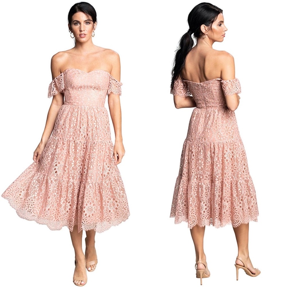 Dress The Population River Lace Off The Shoulder Blush Midi Dress L